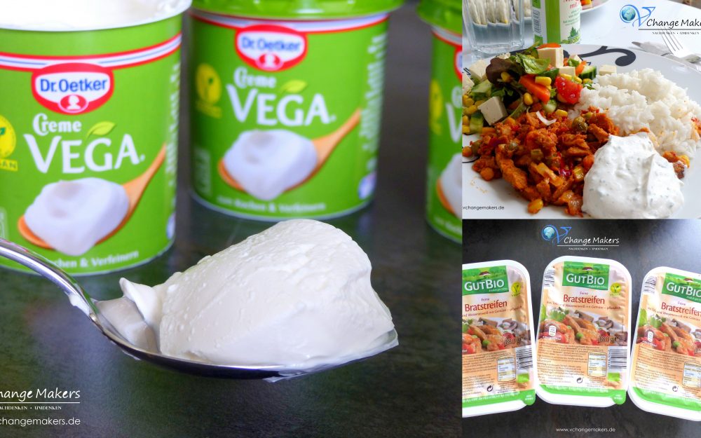 Rezeptinspiration: Reis, Bratstreifen und Salat mit Creme Vega von Dr. Oetker – Schmand vegan