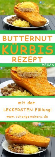 Tolles Butternut Kürbis Rezept mit viel Knoblauch und der leckersten Füllung. Reis, P-Meat und Creme Vega von Dr. Oekter. Überbacken mit Schmelzgenuss von Simply V. Herbstzeit ist Kürbiszeit! Jetzt auf www.vchangemakers.de