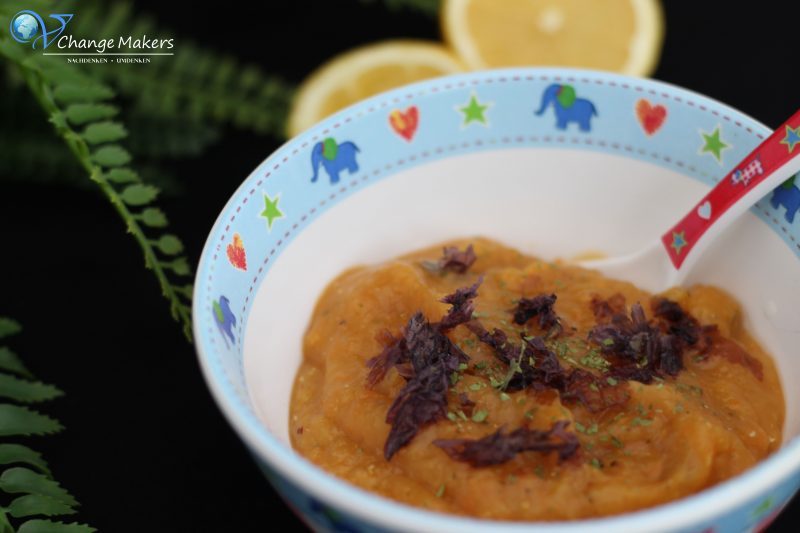 Rezept für vegane Linsensuppe, die ideal für die vegane Kinderküche ist. Sie ist eisenhaltig und mit Zugabe von Vitamin C kann dieses ideal aufgenommen werden