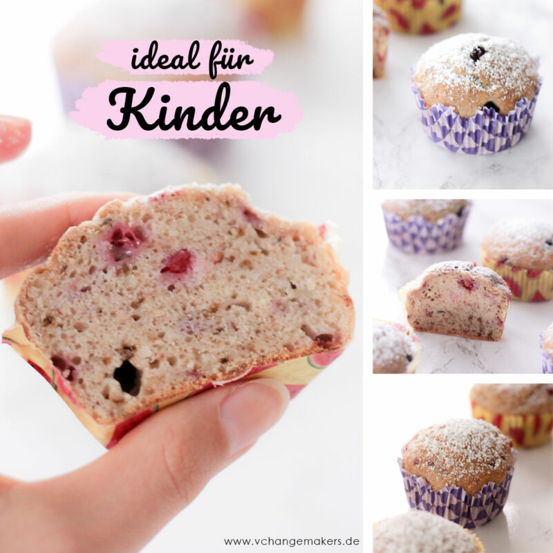 Zuckerarme fluffige und ganz saftige vegane Muffins. Aus dem Basis Teig lassen sich viele verschieden Muffins Variationen zaubern. Ideal für Kinder!