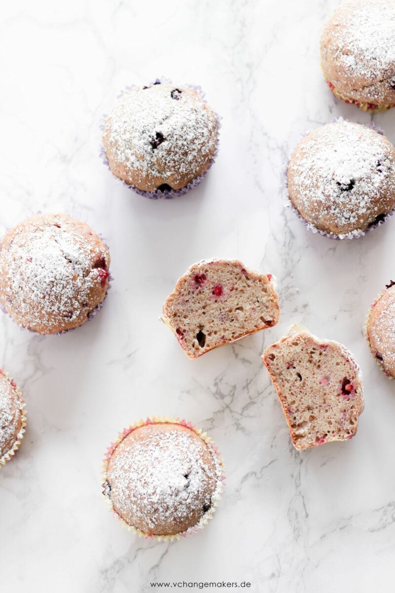 Zuckerarme fluffige und ganz saftige vegane Muffins. Aus dem Basis Teig lassen sich viele verschieden Muffins Variationen zaubern. Ideal für Kinder!