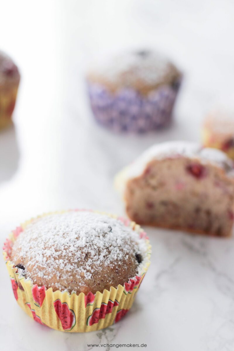 Zuckerarme fluffige und ganz saftige vegane Muffins. Aus dem Basis Teig lassen sich viele verschieden Muffins Variationen zaubern. Ideal für Kinder!