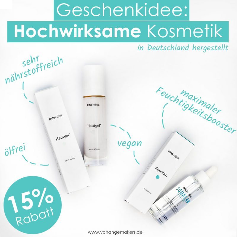 Geschenkidee: Hochwirksame vegane Kosmetik von Beyer & Söhne. Tierversuchsfrei, mikroplastikfrei und in Deutschland produziert. 15% Gutscheincode
