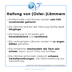 Ein Osterlamm ist nichts anderes als ein Säugling bzw. ein Baby. Die Haltung von Lämmern, der Transport und die Schlachtung sind alles andere als friedlich.