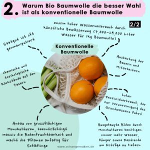 Obst- und Gemüsenetze aus Bio Baumwolle von pandoo haben einen wahsinnig großen Vorteil gegenüber Plastikbeuteln und konventioneller Baumwolle.