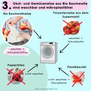 Obst- und Gemüsenetze aus Bio Baumwolle von pandoo haben einen wahsinnig großen Vorteil gegenüber Plastikbeuteln und konventioneller Baumwolle.